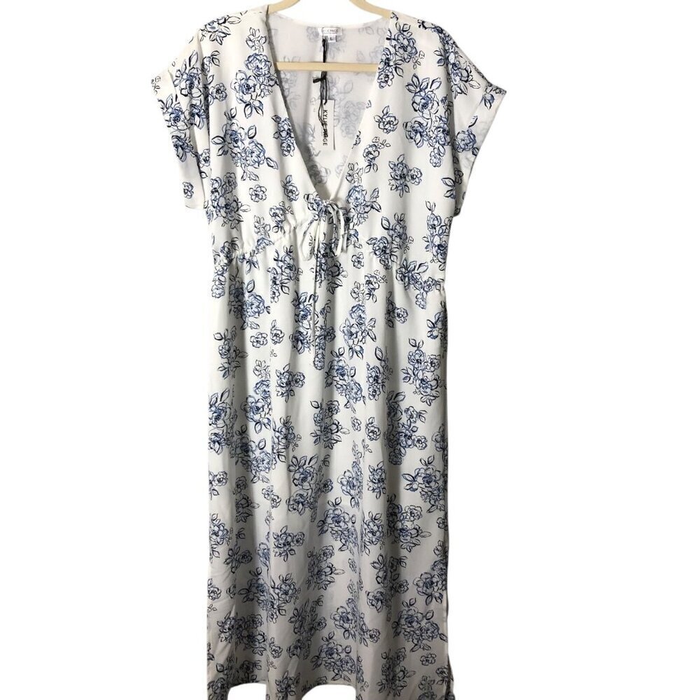 Kylie Paige LA White Blue Floral V Neck Short Sleeve Maxi Dress Women's L NWTs